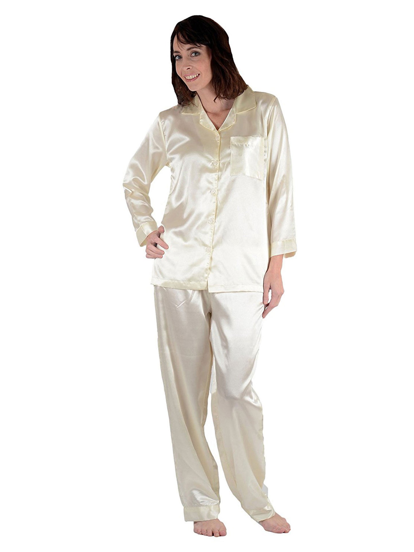 Up2date Fashion Women's Satin Pajama Set 2-Piece Long Sleeve Button Down Sleepwear Silky V-neck PJ Set with Pants