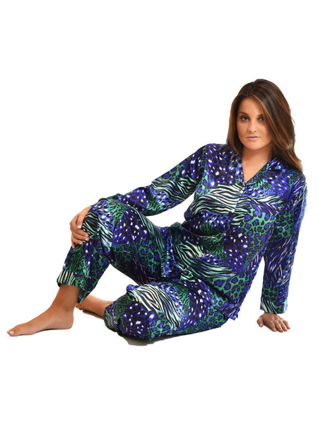 Women's Pajama Set / Pajamas / Pyjamas / PJs, Satin, Aquarius Cocktail Animal Print