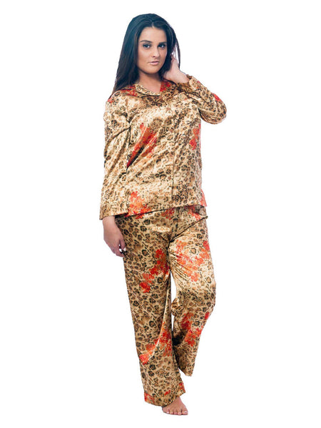 Women's Pajama Set / Pajamas / Pyjamas / PJs, Satin, Golden Cheetah Animal Print