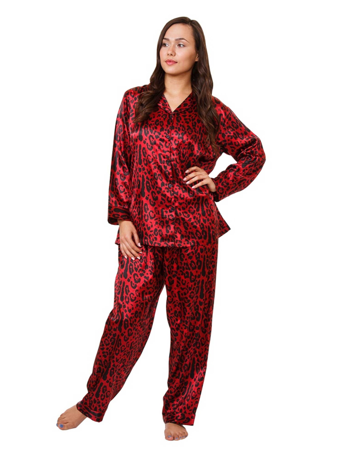 Up2date Fashion Women's Satin Pajama Set Long Sleeve Button Down Sleepwear 2-Piece Silky V-neck PJ Set with Pants