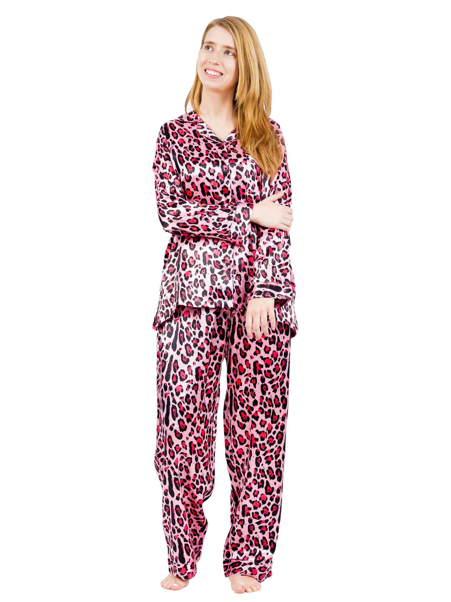 Up2date Fashion Women's Satin Pajama Set Long Sleeve Button Down Sleepwear 2-Piece Silky V-neck PJ Set with Pants