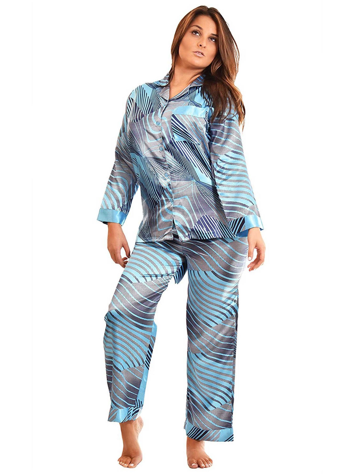 Up2date Fashion Women's Satin Pajama Set Long Sleeve Button Down Sleepwear 2-Piece Silky V-neck PJ Set with Pants