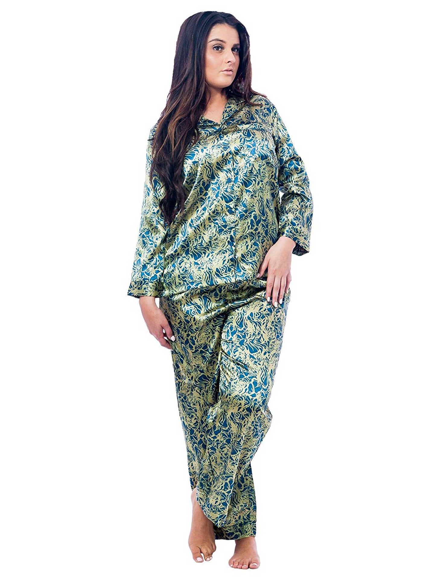 Up2date Fashion Women's Satin Pajama Set Long Sleeve Button Down Sleepwear 2-Piece Silky V-neck PJ Set with Pants
