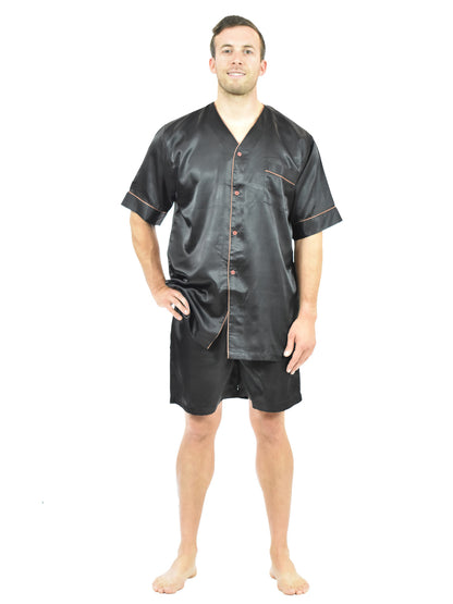 Men's Short Sleeve Silky Satin Pajama Set with Shorts 2 Piece PJ Loungewear