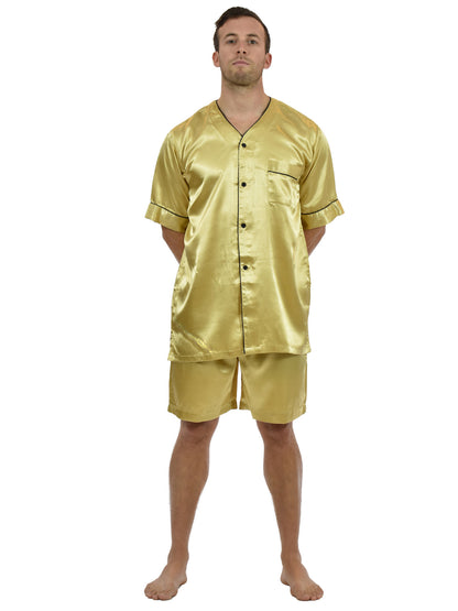 Men's Short Sleeve Silky Satin Pajama Set with Shorts 2 Piece PJ Loungewear