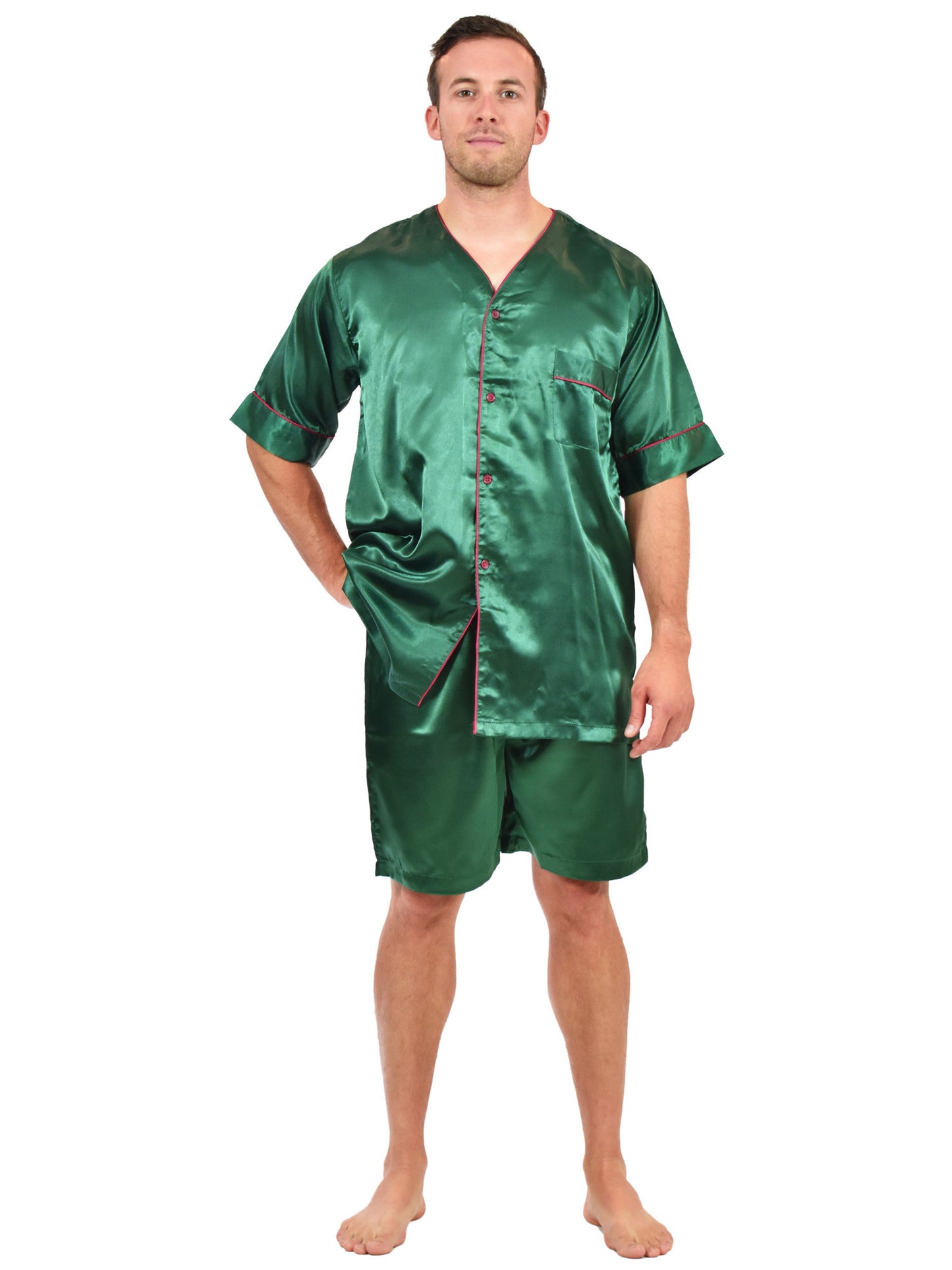 Men's Short Sleeve Silky Satin Pajama Set with Shorts 2 Piece PJ Loungewear