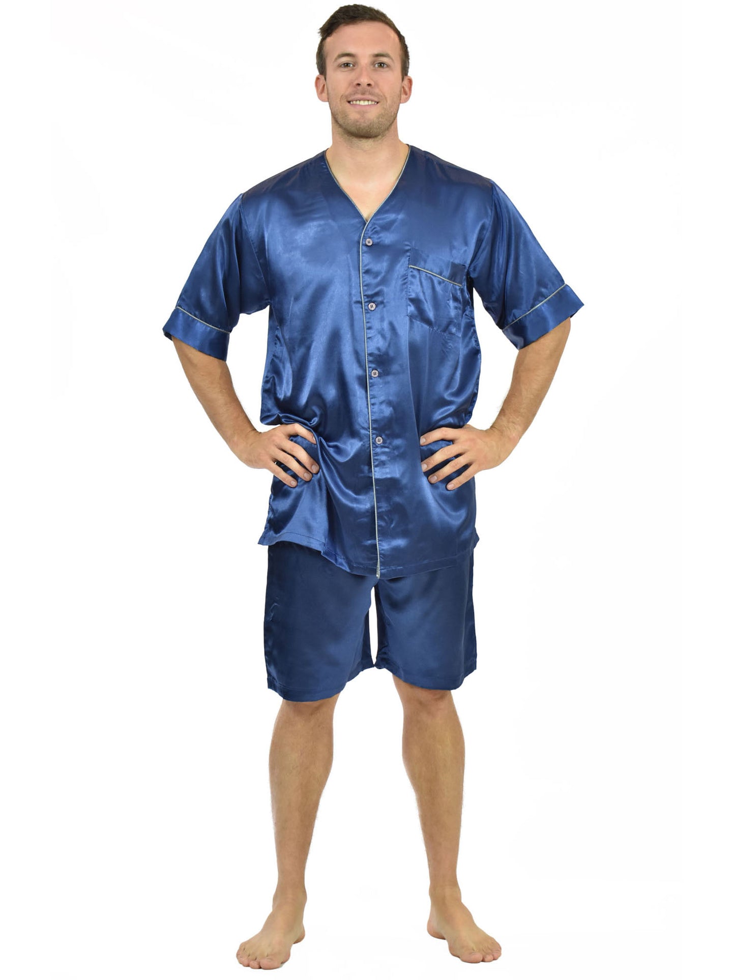 Men's Short Sleeve Silky Satin Pajama Set with Shorts 2 Piece PJ Loungewear