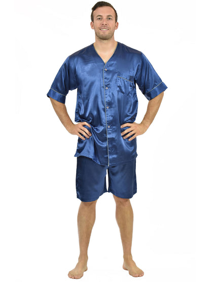 Men's Short Sleeve Silky Satin Pajama Set with Shorts 2 Piece PJ Loungewear
