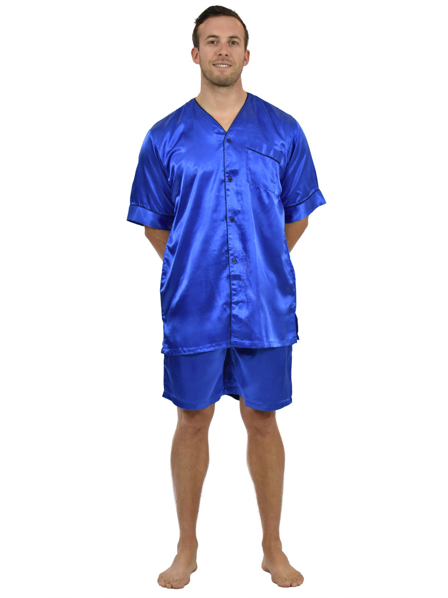 Men's Short Sleeve Silky Satin Pajama Set with Shorts 2 Piece PJ Loungewear