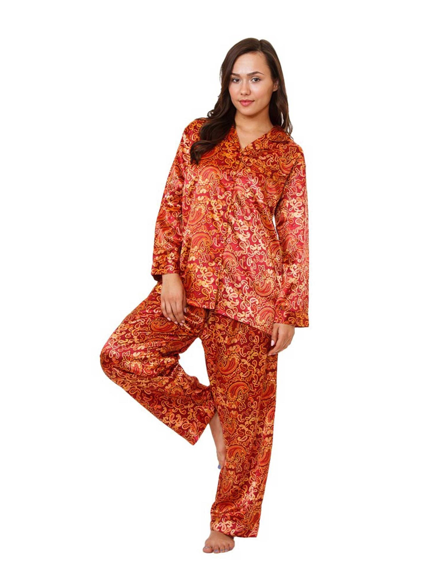 Up2date Fashion Women's Satin Pajama Set Long Sleeve Button Down Sleepwear 2-Piece Silky V-neck PJ Set with Pants