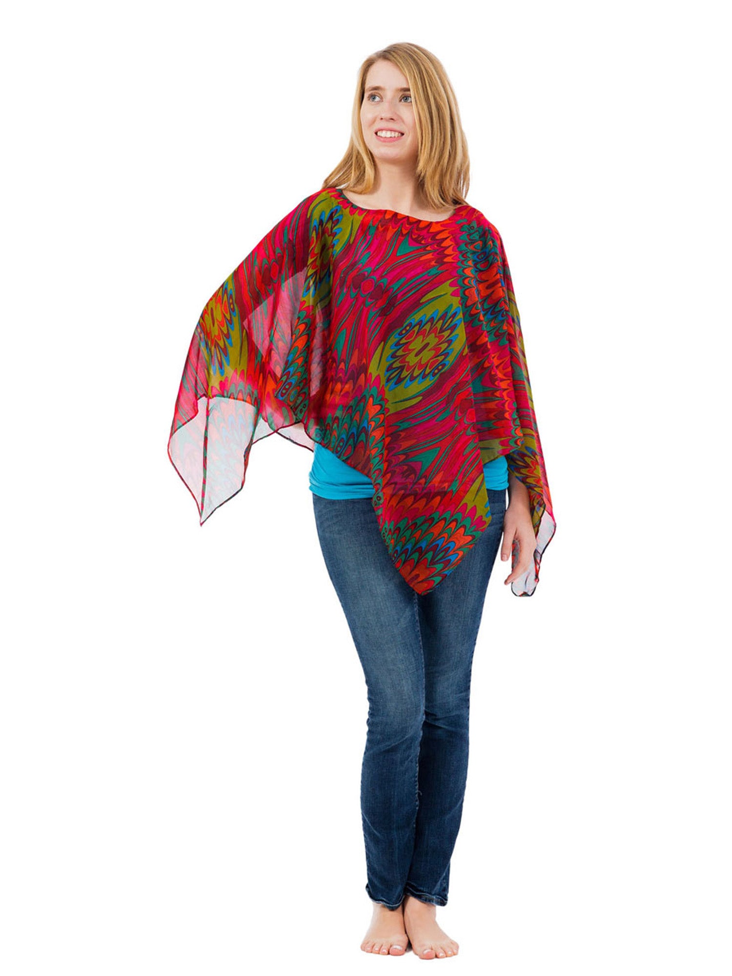 Women's Poncho, Marbled Forest Print