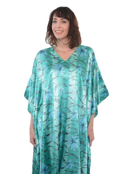 Women's Long Satin Caftan / Kaftan / Muumuu, Underwater Lilies Floral Print