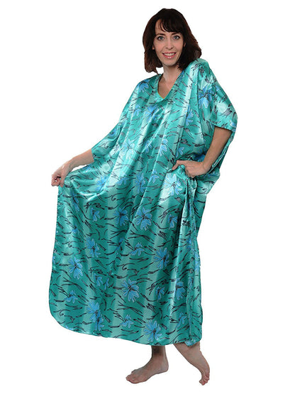 Women's Long Satin Caftan / Kaftan / Muumuu, Underwater Lilies Floral Print