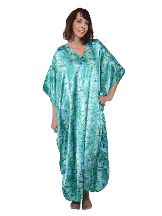 Women's Long Satin Caftan / Kaftan / Muumuu, Underwater Lilies Floral Print