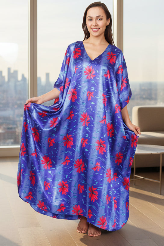 Women's Long Satin Caftan / Kaftan / Muumuu, Deep Sea Lilies Print
