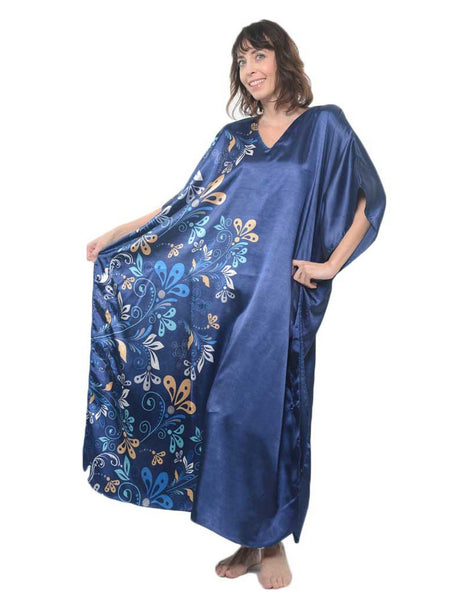Women's Long Satin Caftan / Kaftan / Muumuu, Midnight Dream Floral Vine Print in Blue