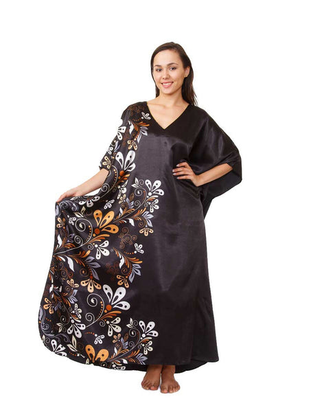 Women's Long Satin Caftan / Kaftan / Muumuu, Midnight Dream Floral Vine Print in Black