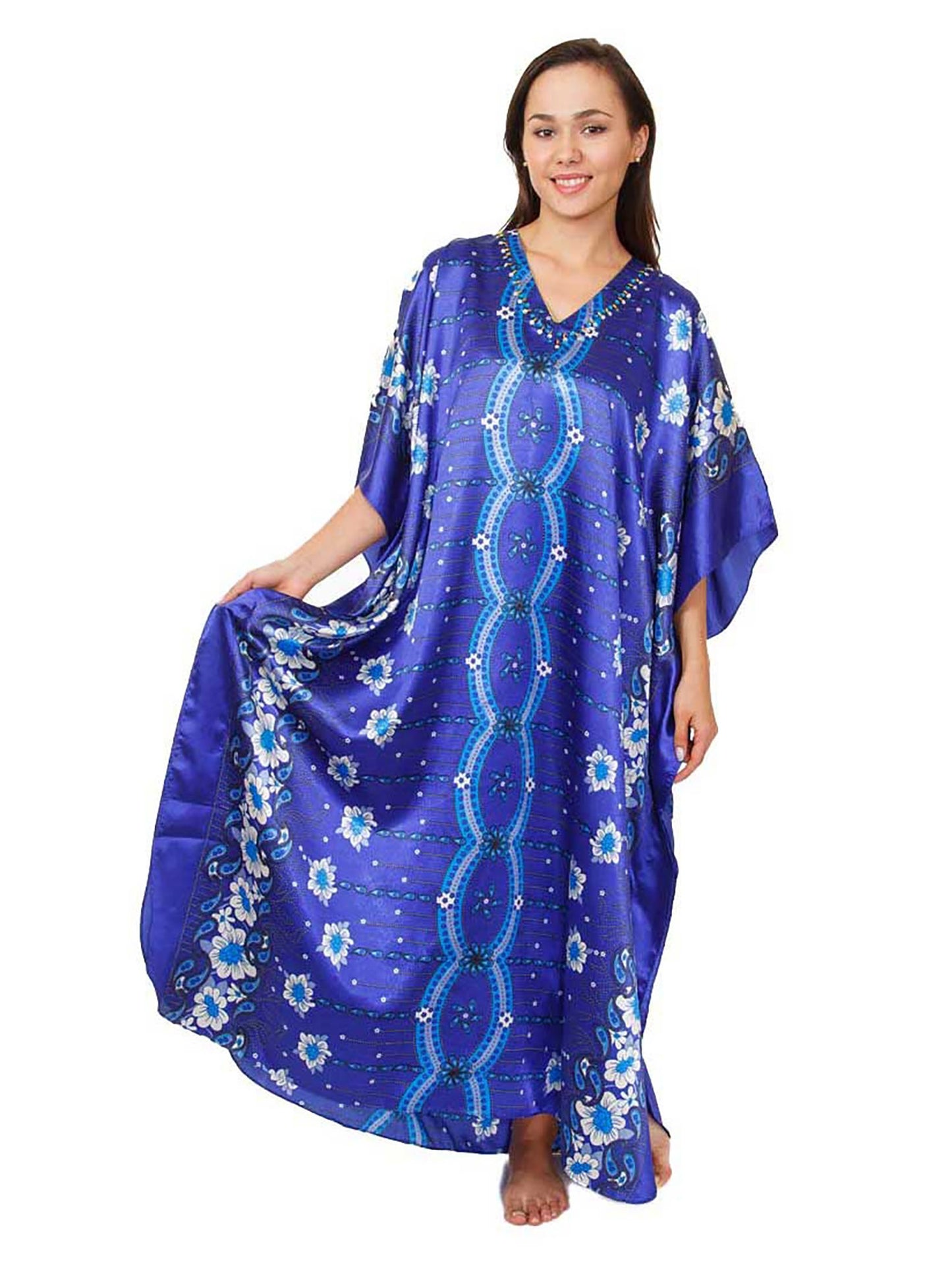 Women's Long Satin Caftan / Kaftan / Muumuu, Twilight Floral Print