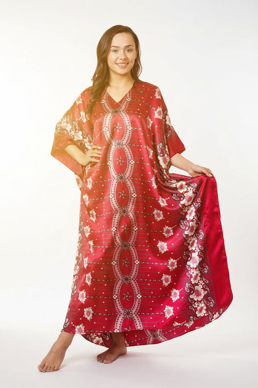 Women's Long Satin Caftan / Kaftan / Muumuu, Cherry Blossom Floral Print