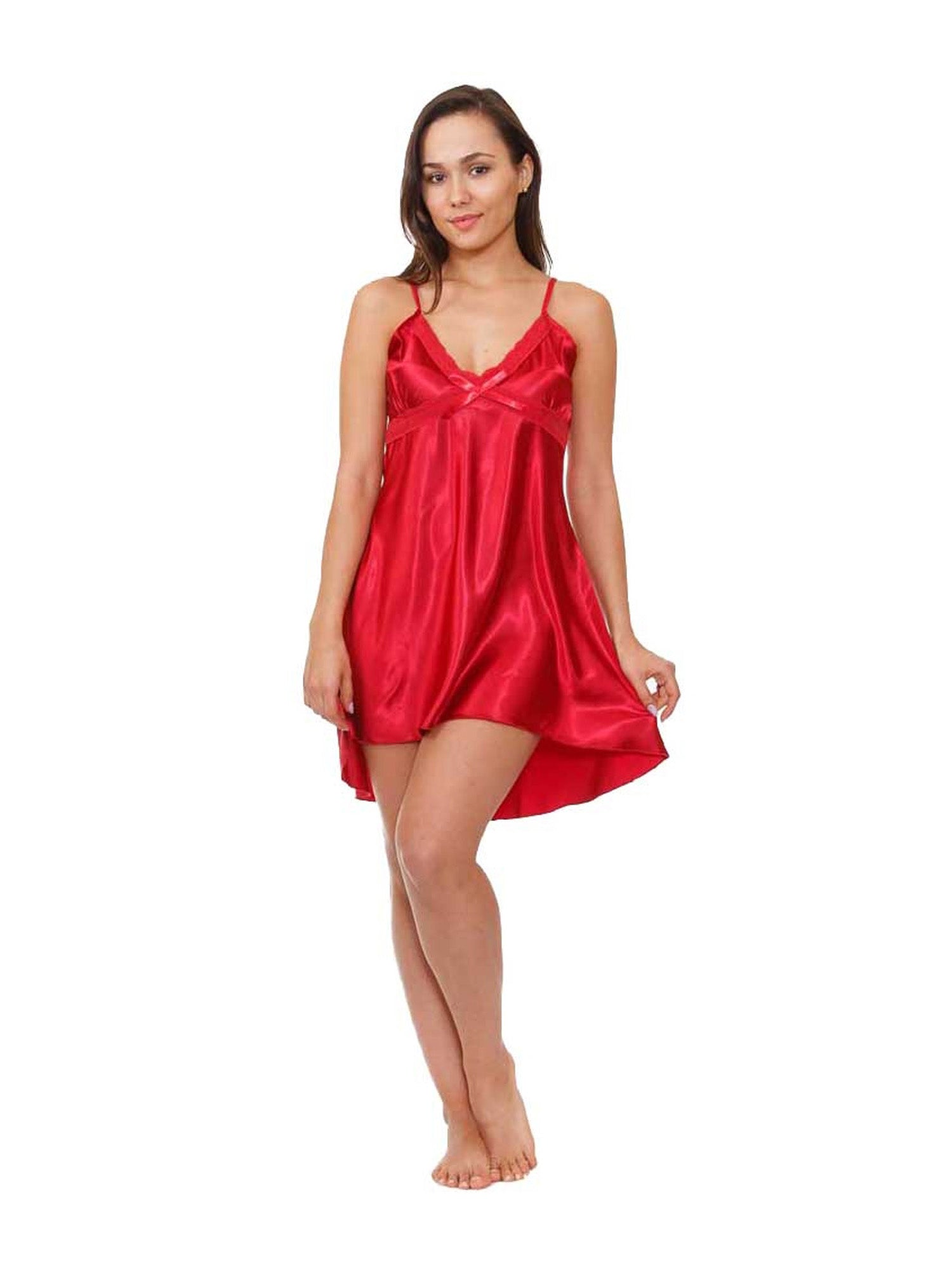 Women's Chemise, Satin, High-Low Style with Matching Lace and Bow