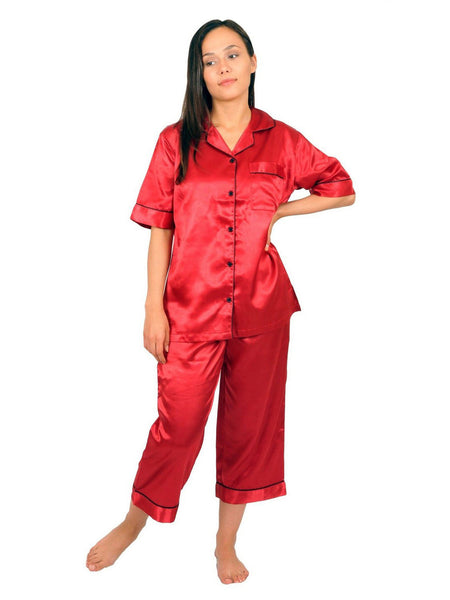 Women's Pajama Set / Pajamas / Pyjamas / PJs, Satin, Cropped Pants with Short-Sleeve Top