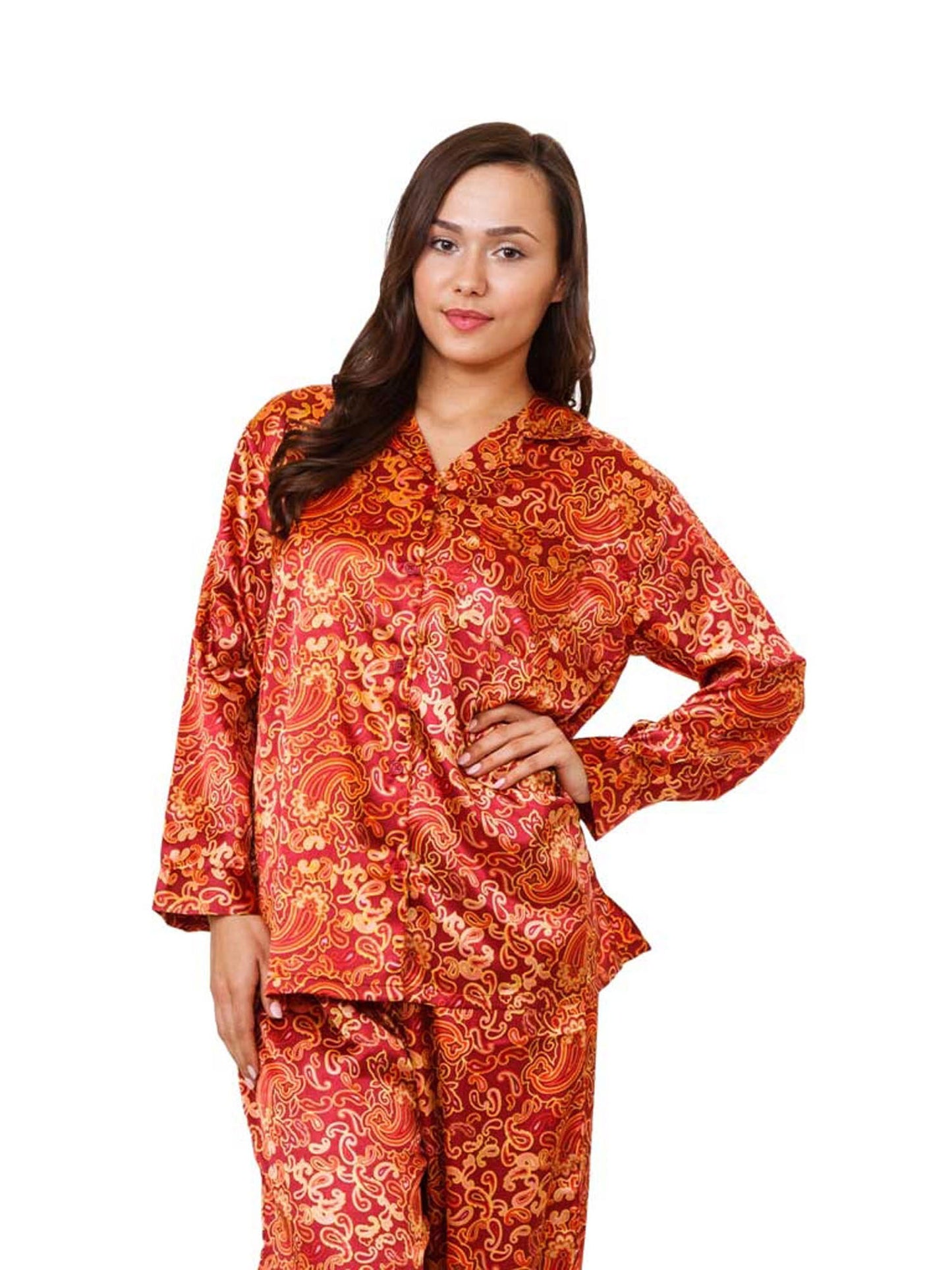 Up2date Fashion Women's Satin Pajama Set Long Sleeve Button Down Sleepwear 2-Piece Silky V-neck PJ Set with Pants