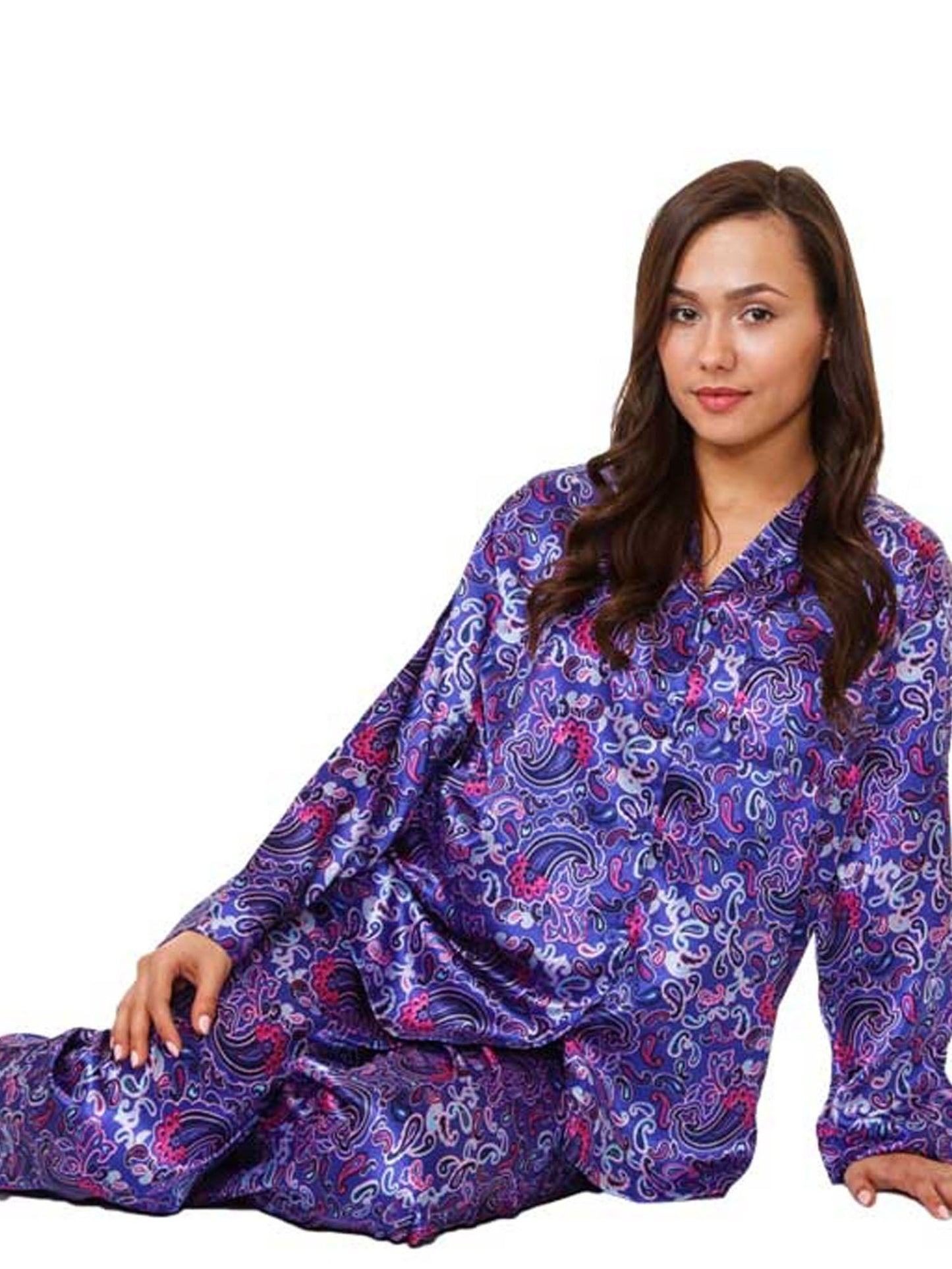 Up2date Fashion Women's Satin Pajama Set Long Sleeve Button Down Sleepwear 2-Piece Silky V-neck PJ Set with Pants