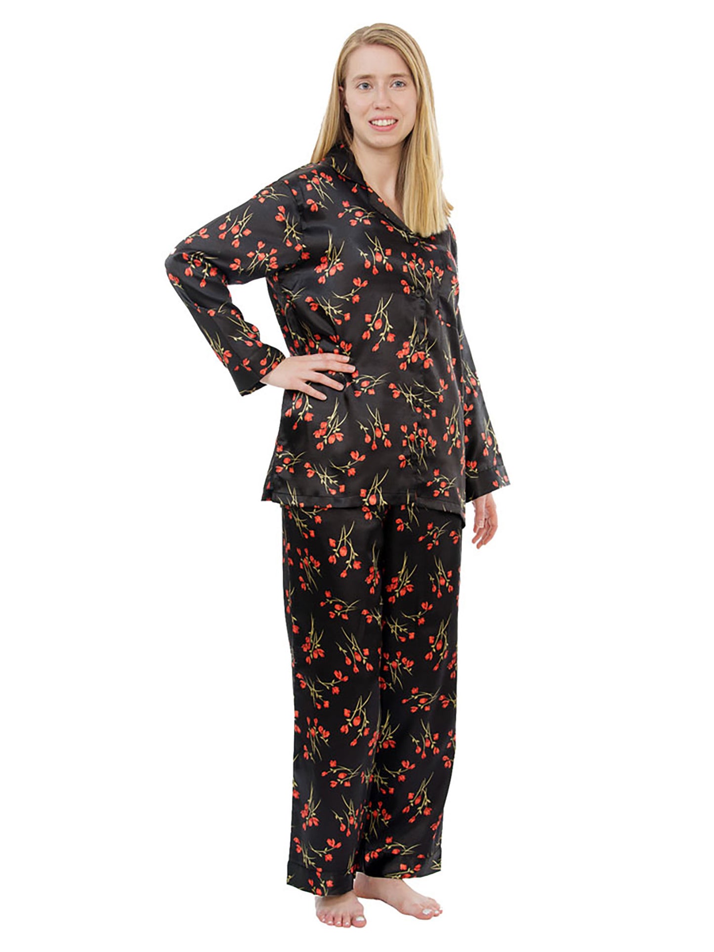 Up2date Fashion Women's Satin Pajama Set Long Sleeve Button Down Sleepwear 2-Piece Silky V-neck PJ Set with Pants