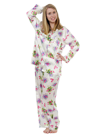 Up2date Fashion Women's Satin Pajama Set Long Sleeve Button Down Sleepwear 2-Piece Silky V-neck PJ Set with Pants