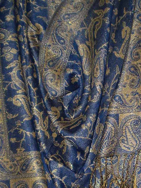 Women's Pashmina Scarf / Wrap / Shawl in Blue and Gold Paisley
